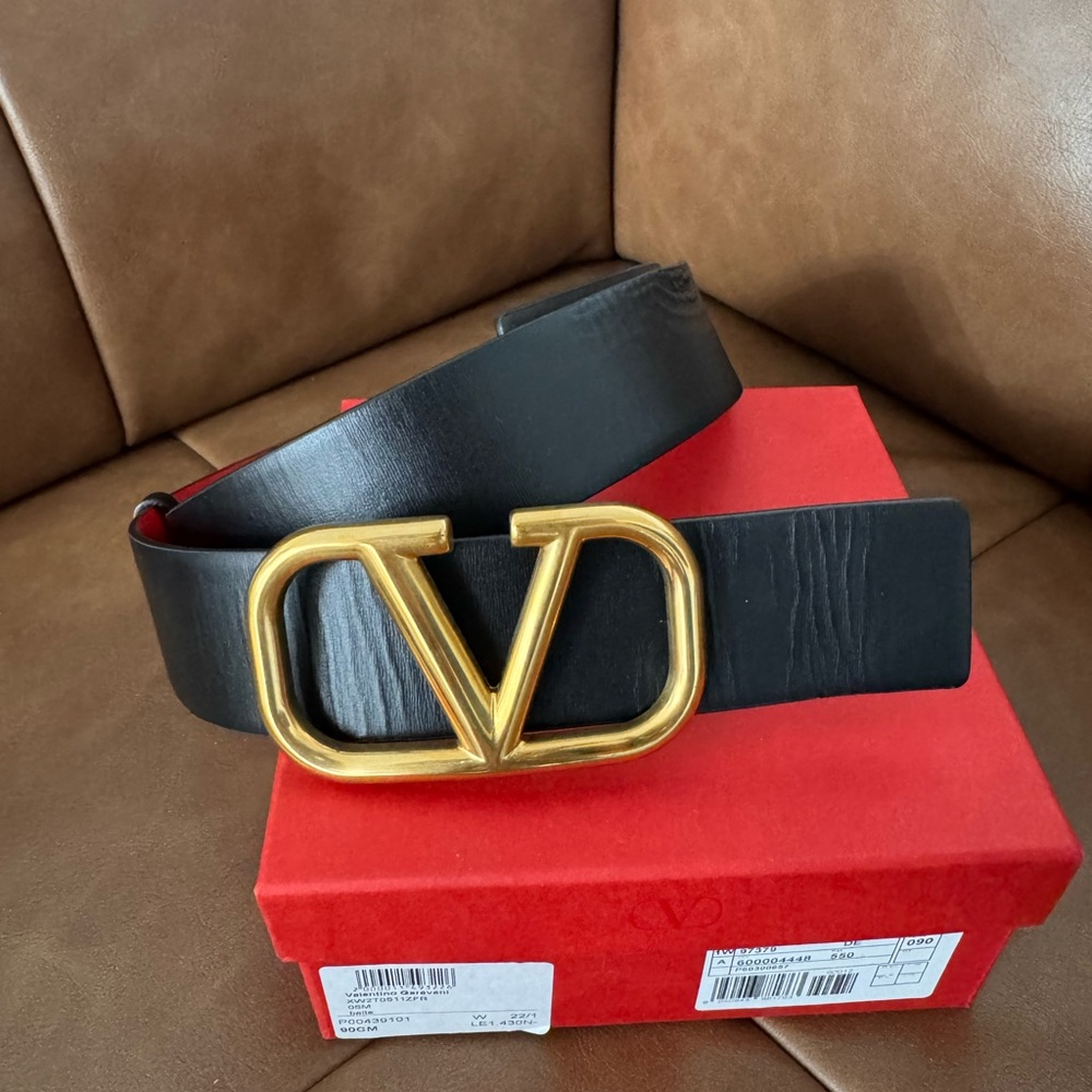 Valentino Reversible Black/Red Belt with Gold Logo Buckle - Authentic